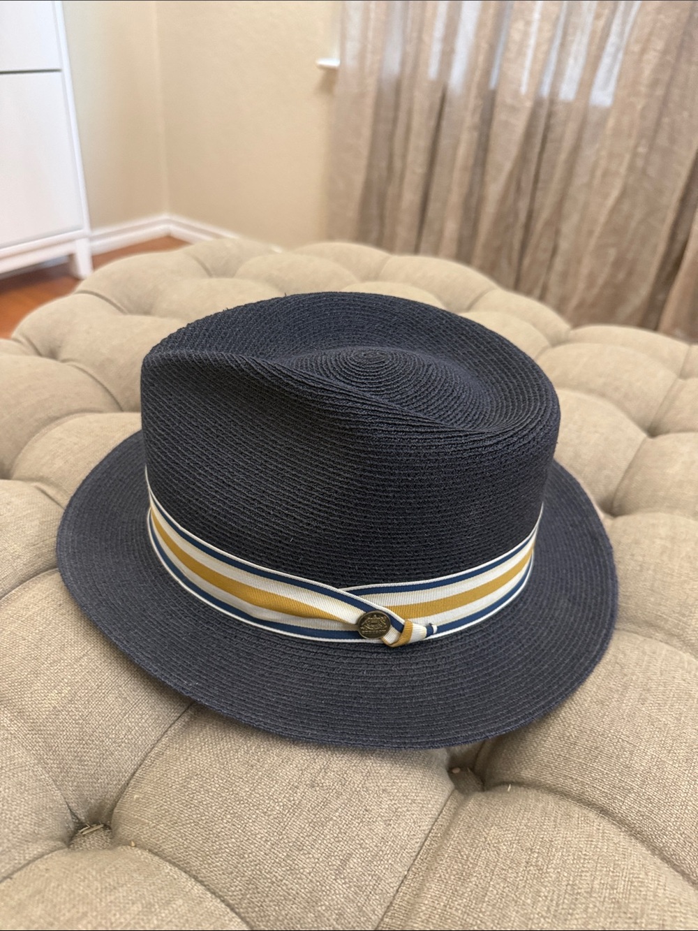 Stetson Navy Blue Straw Fedora with Gold and White Striped Band